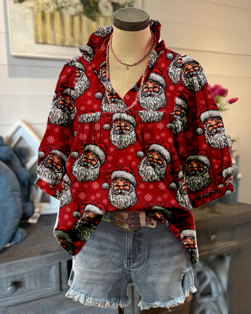 Playful Christmas Santa Claus Print Top