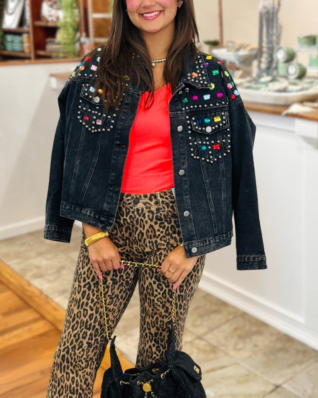 Colorful Rhinestone Studded Denim Jacket