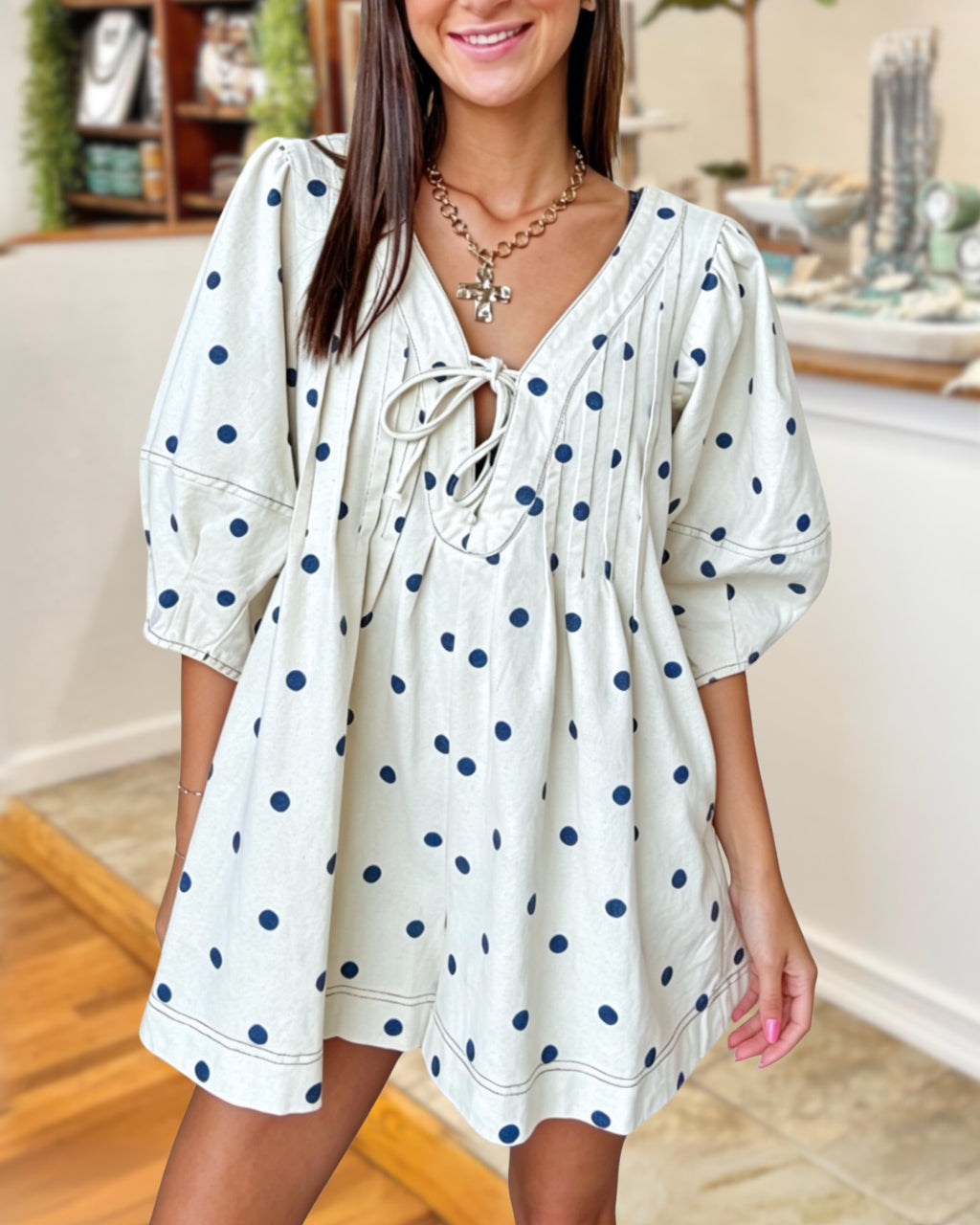 Polka Dot Pleated Puff Sleeve Jumpsuit