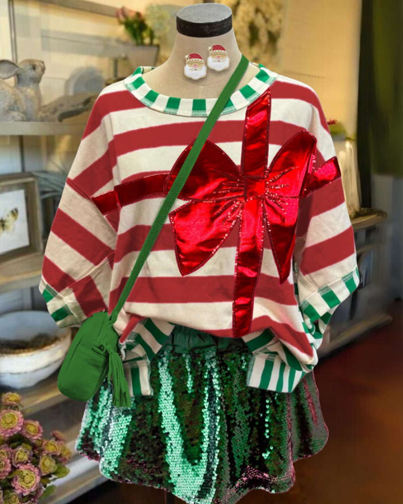 Christmas Bow Patch Striped Top