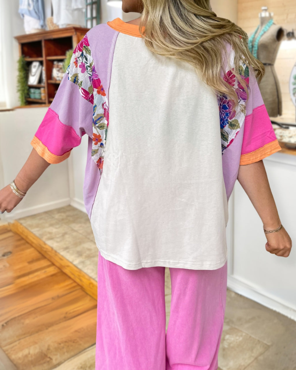 Floral Seams Color Block Oversize Tee