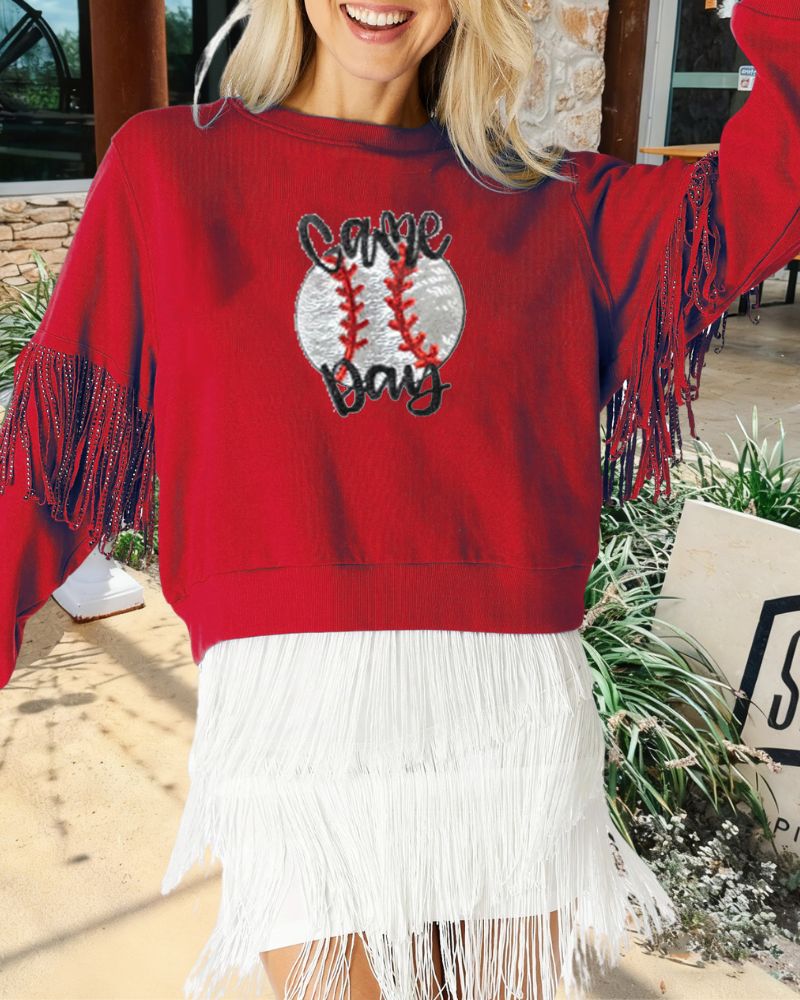 Baseball Embroidered Tassel Sweatshirt