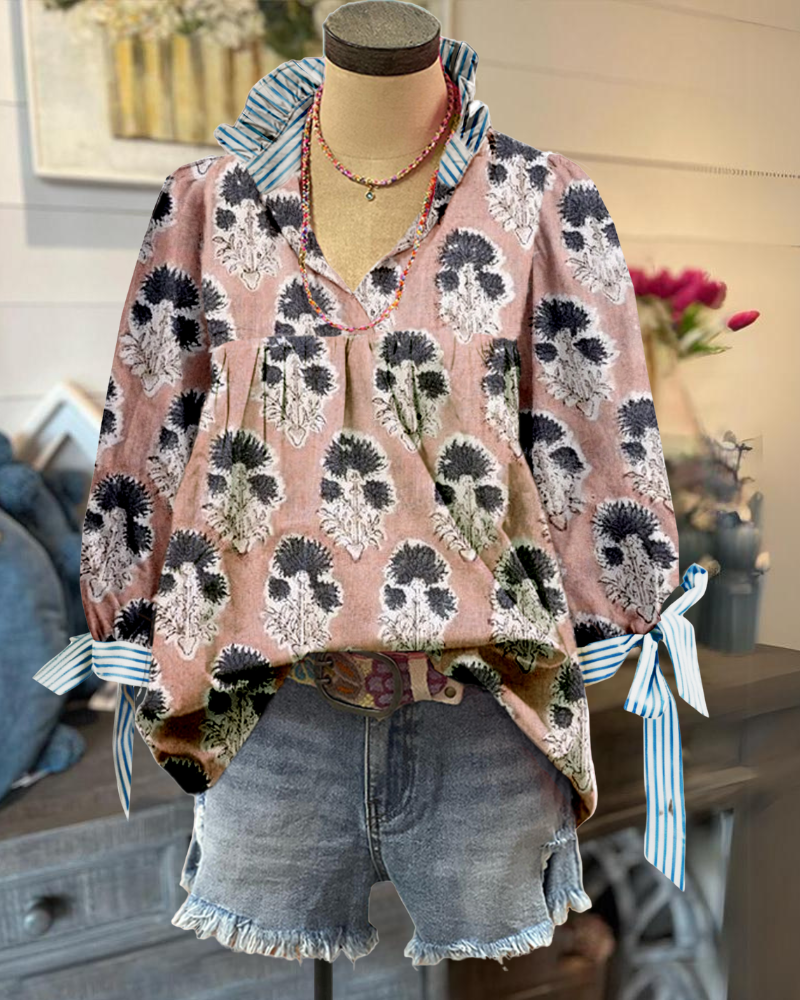 Chic Floral Striped Trim Top