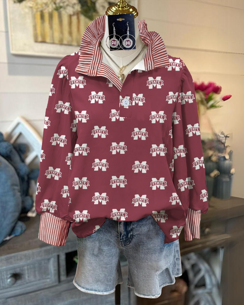 MSU State Ruffled Striped Trim Top