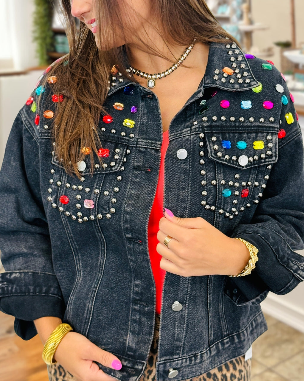 Colorful Rhinestone Studded Denim Jacket