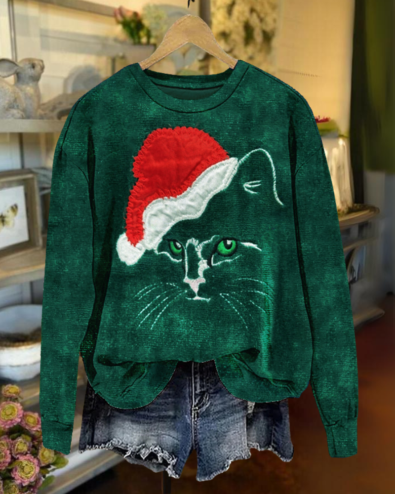 Christmas Cat Embroidered Sweatshirt