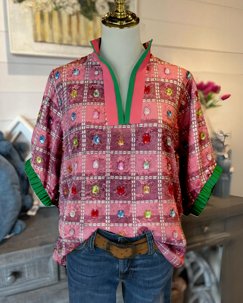 Unique Gemstone Print V-neck Top