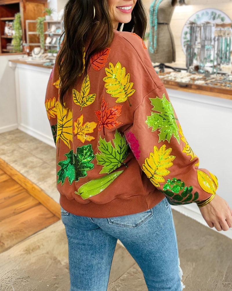 Fall Leaves Sequined Crewneck Sweatshirt
