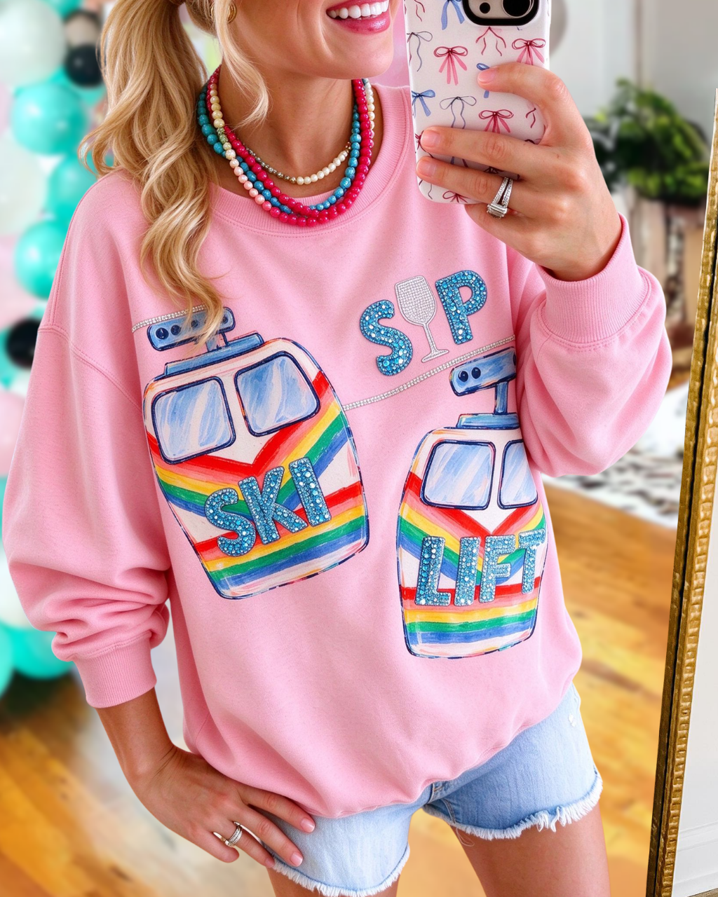 Ski Lift Wine Glass Print Pullover