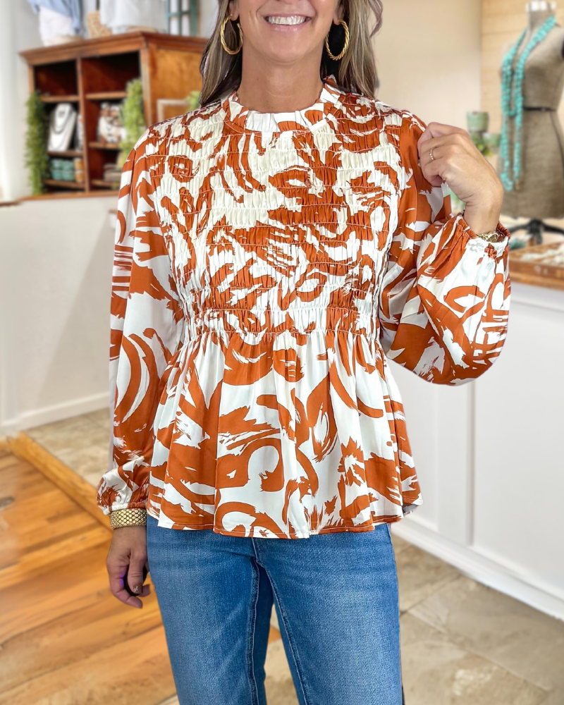 Abstract Print Smocked Top