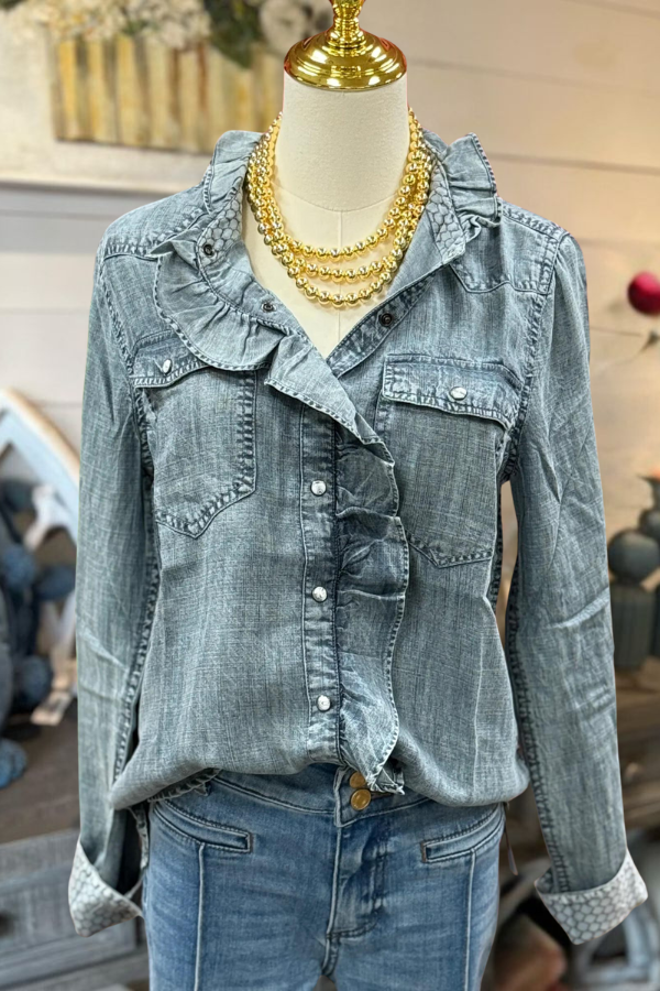 Ruffle Distressed Denim Shirt