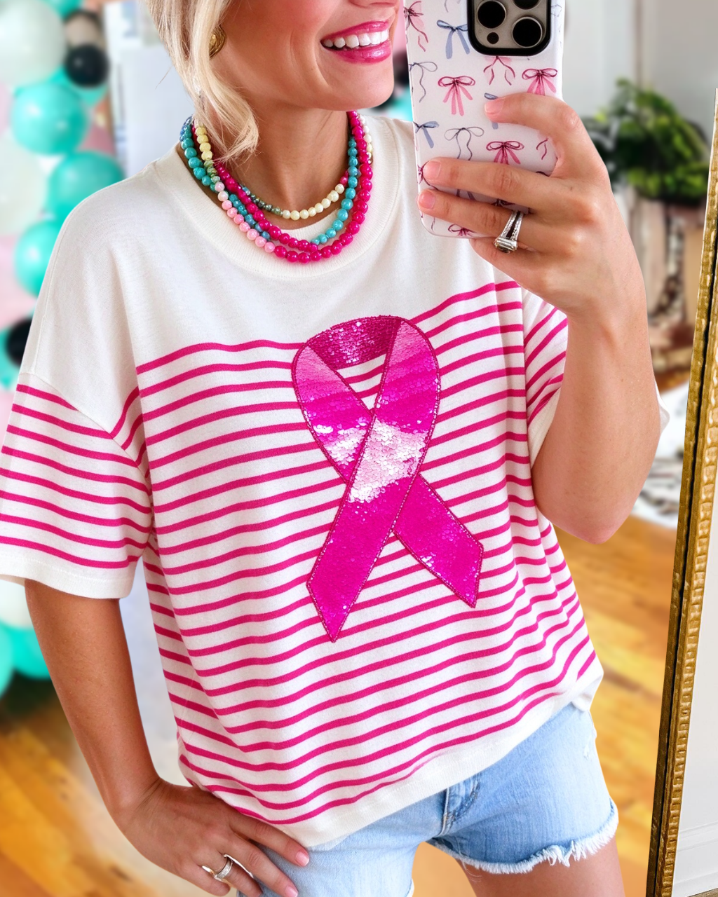 Striped Ribbon Sequined T-shirt