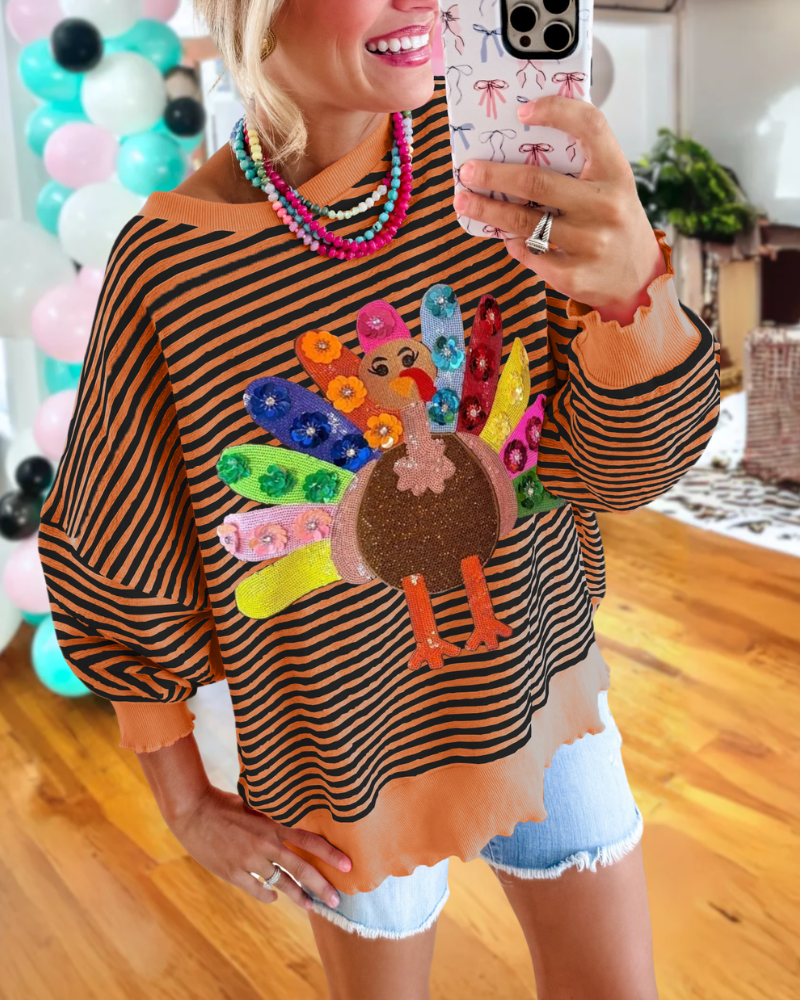 Oversized Turkey Sequin Stripe Sweatshirt