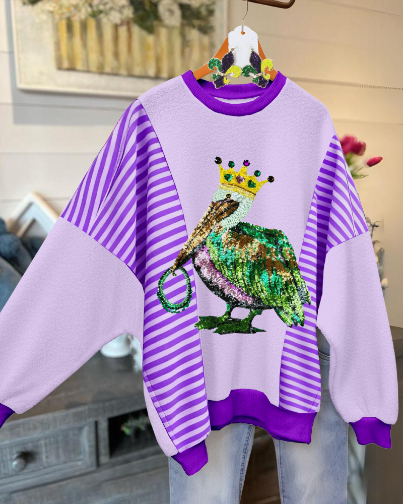 Chic Pelican Print Striped Sweatshirt