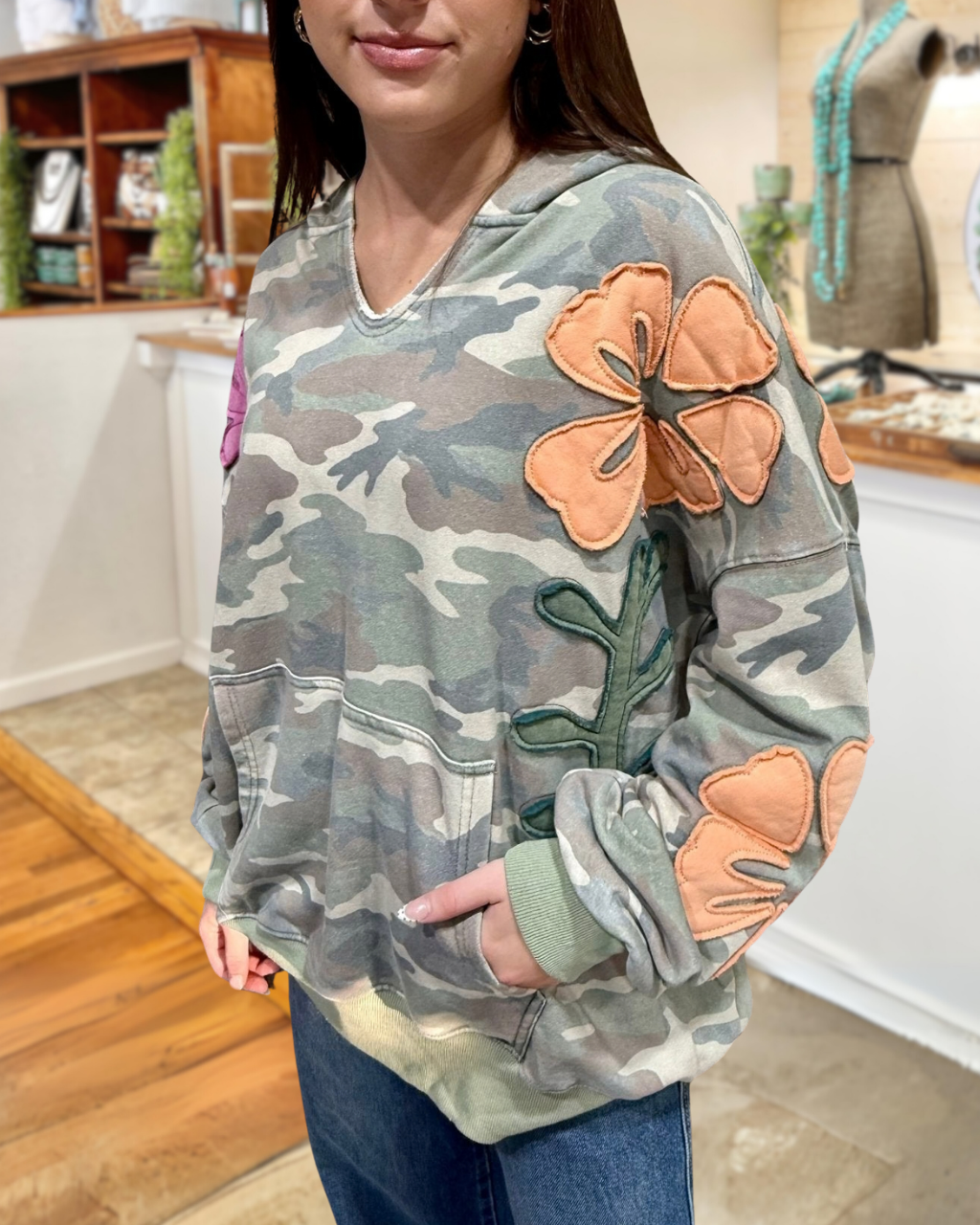 Camo Large Floral Appliqué Hoodie