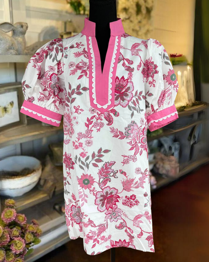 Floral Embroidered Wavy Trim Dress