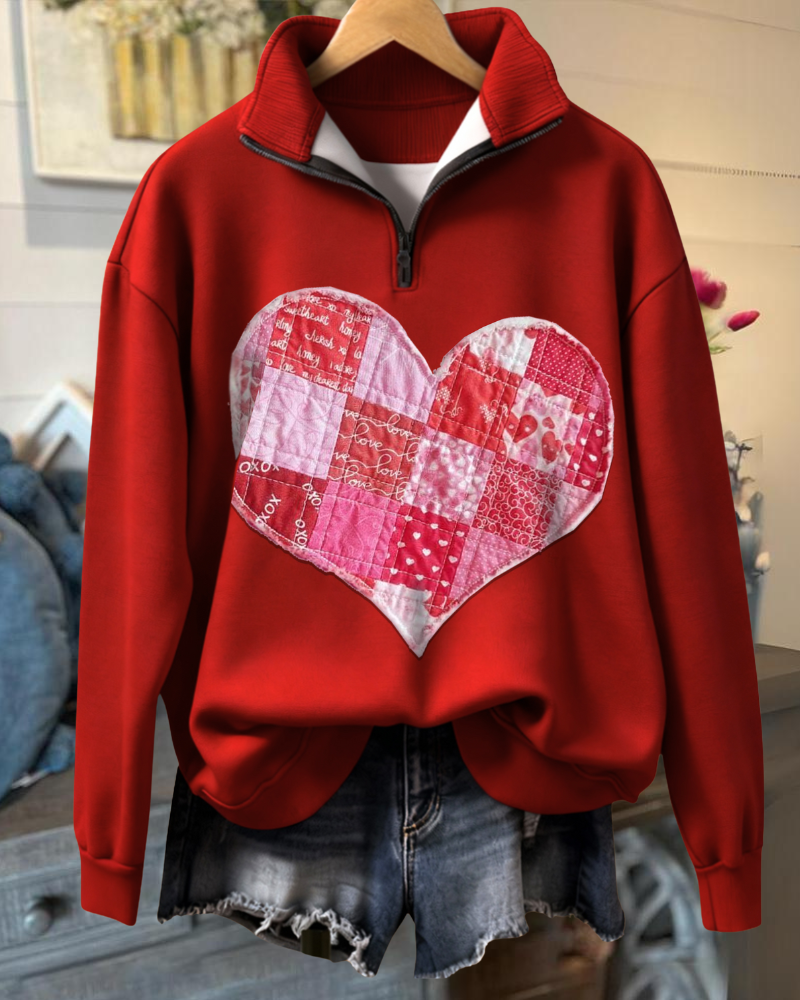 Heart-patterned Plaid Half-zip Pullover