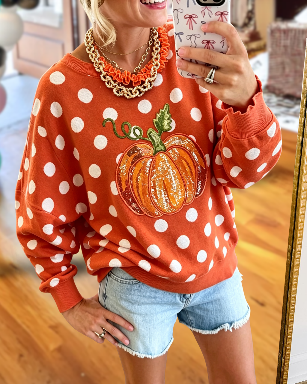 Pumpkin-embroidered Polka-dot Sweatshirt