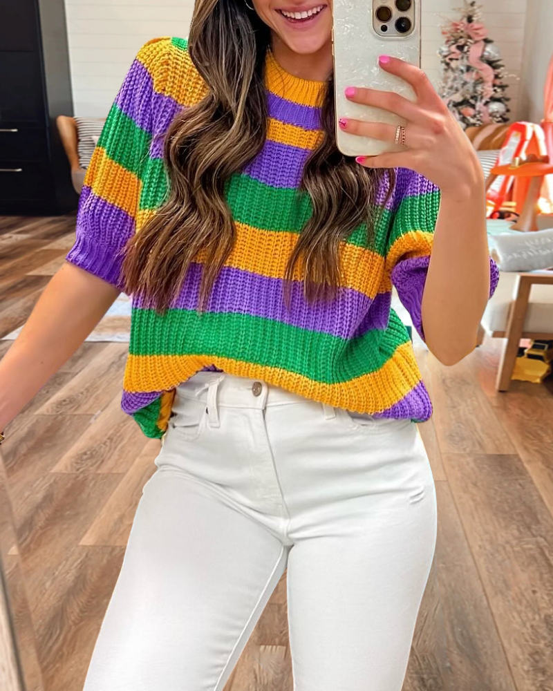Mardi Gras Striped Ribbed Sweater