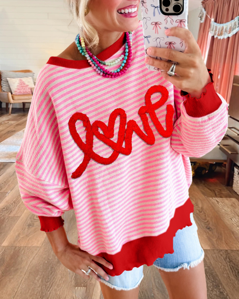 Love Embroidered Striped Sweatshirt