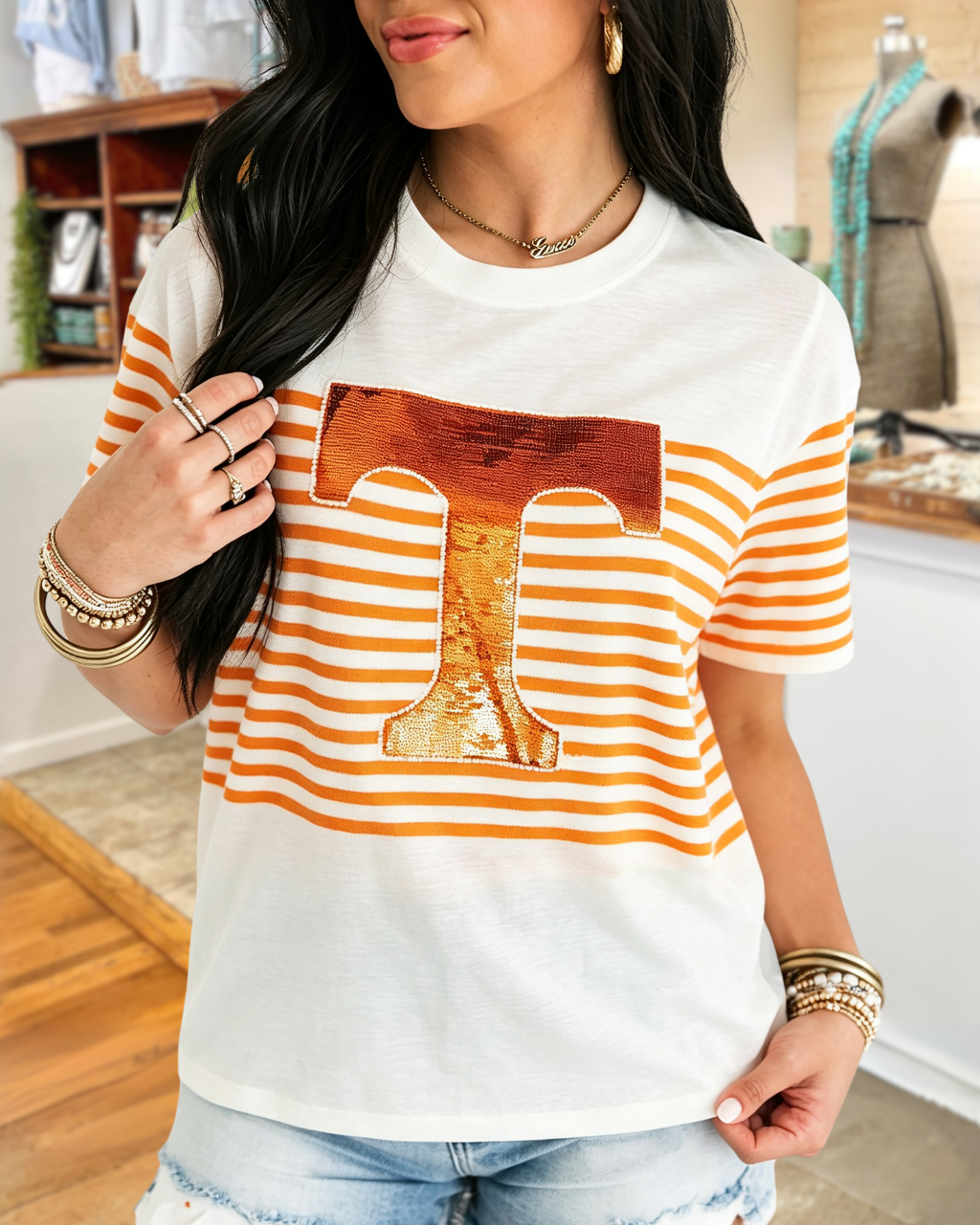 Tennessee Sequined Embroidered Striped Tee