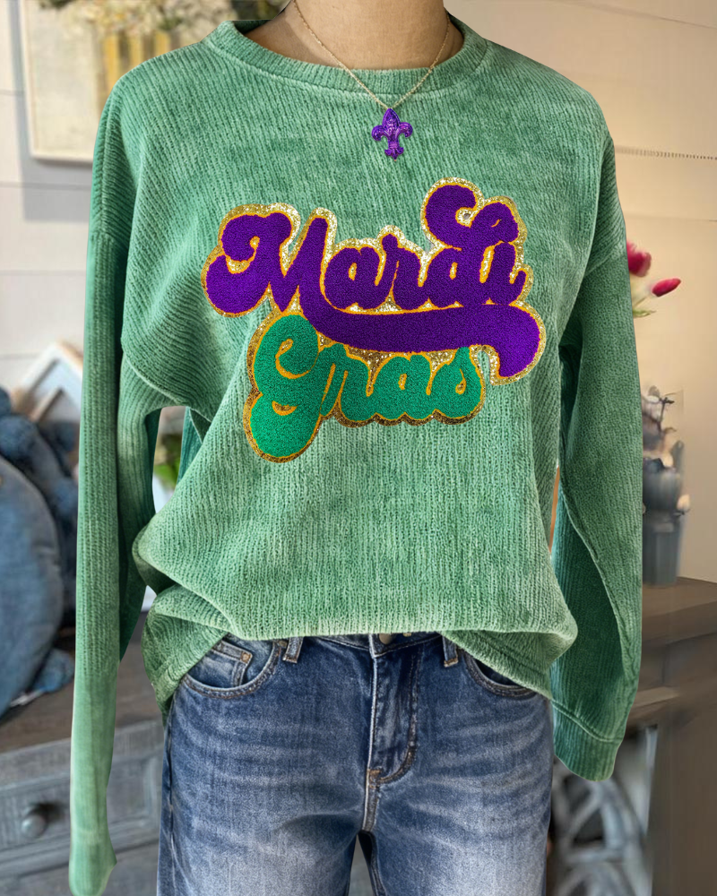 Mardi Gras Embroidered Ribbed Top