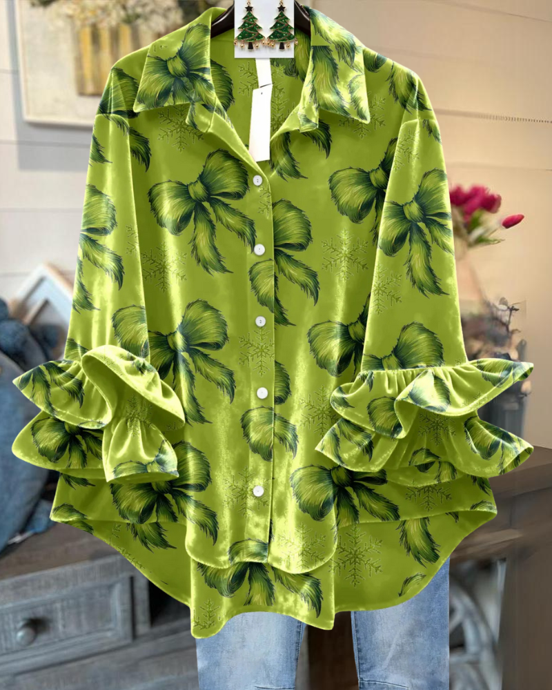 Bow Ruffled Velvet Blouse