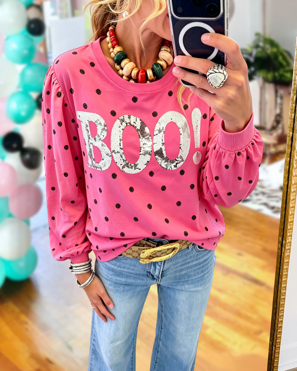 BOO! Trendy Sequins Polka-Dot Top
