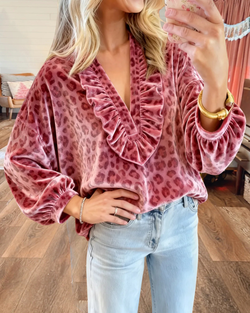 Leopard Print Velvet V-neck Pullover