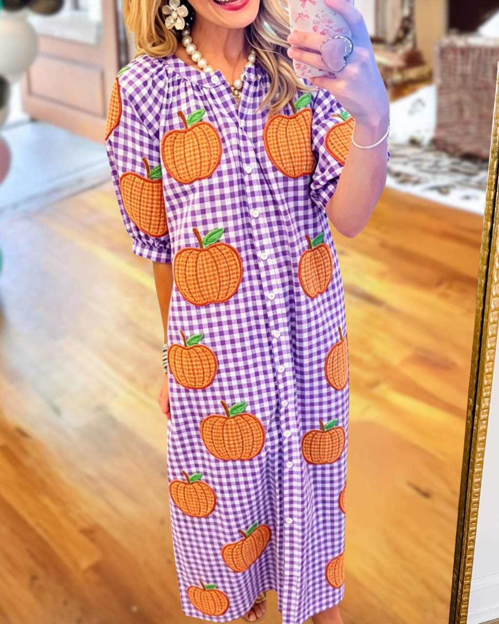 Pumpkin Sequined Plaid Shirt Dress