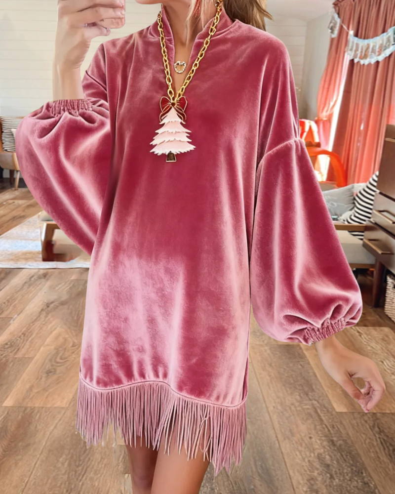 Velvet Tassel V-Neck Mini Dress