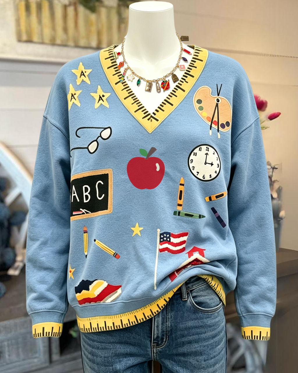 School Supplies Embroidered Ruler Trim Sweatshirt