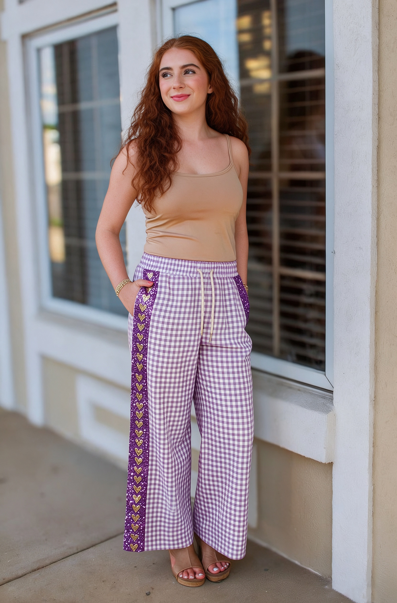 Heart Sequined Plaid Pants