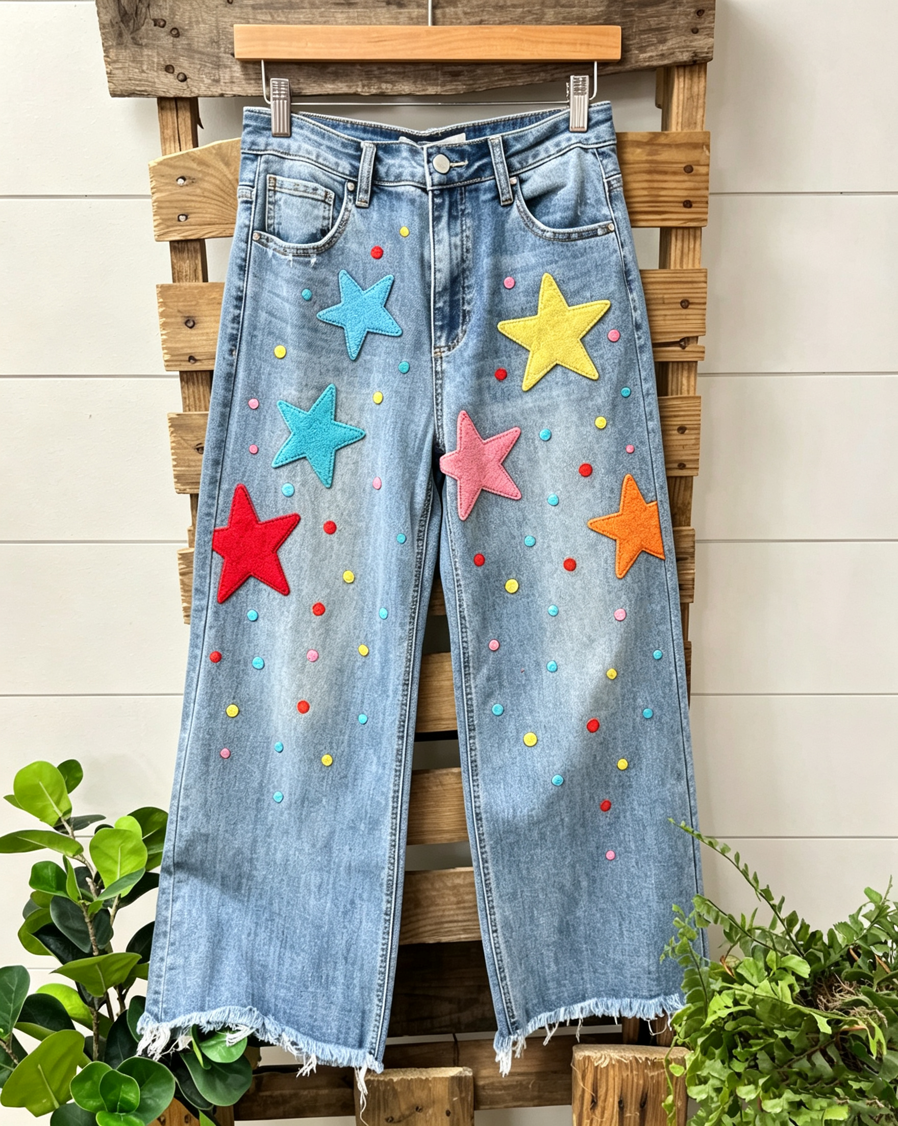 Colorful Star Chenille Polka Dot Embroidered Jeans