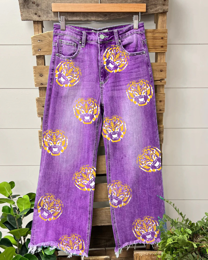 Trendy Tiger Print Raw-Edge Pants