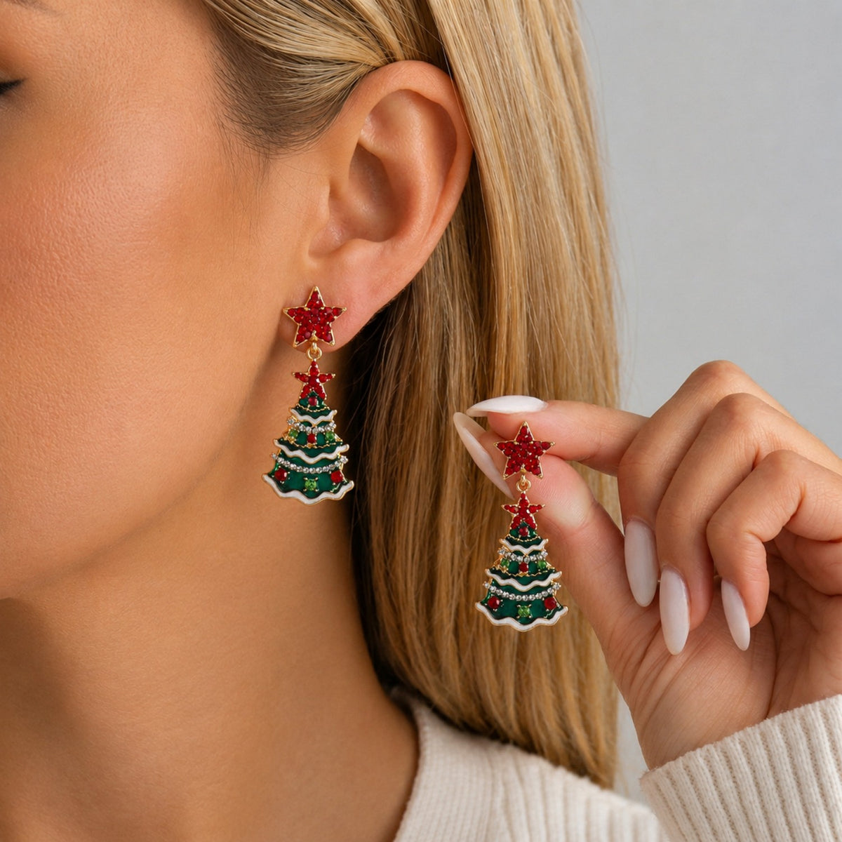 Glittery Pearl Christmas Tree Earrings