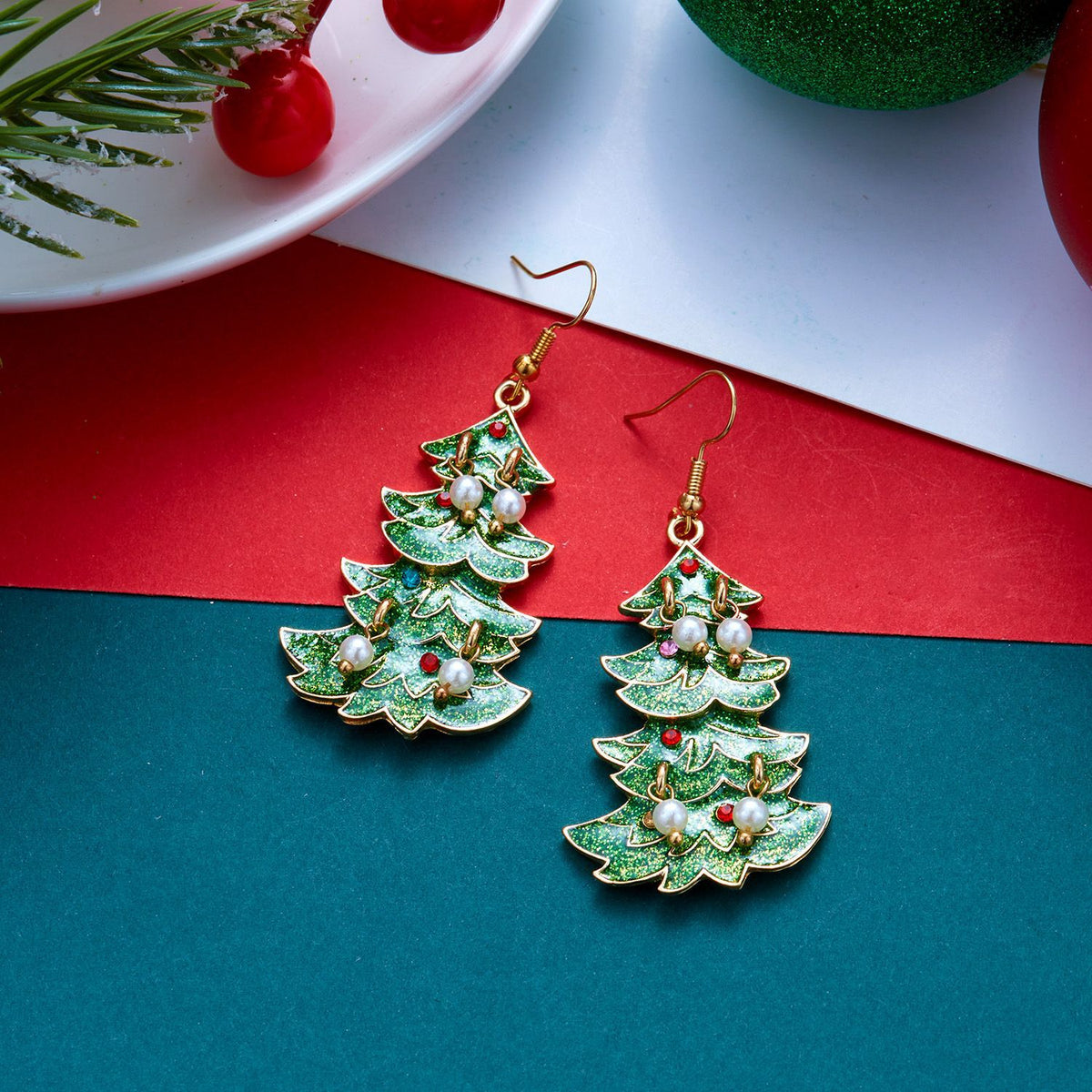 Glittery Pearl Christmas Tree Earrings