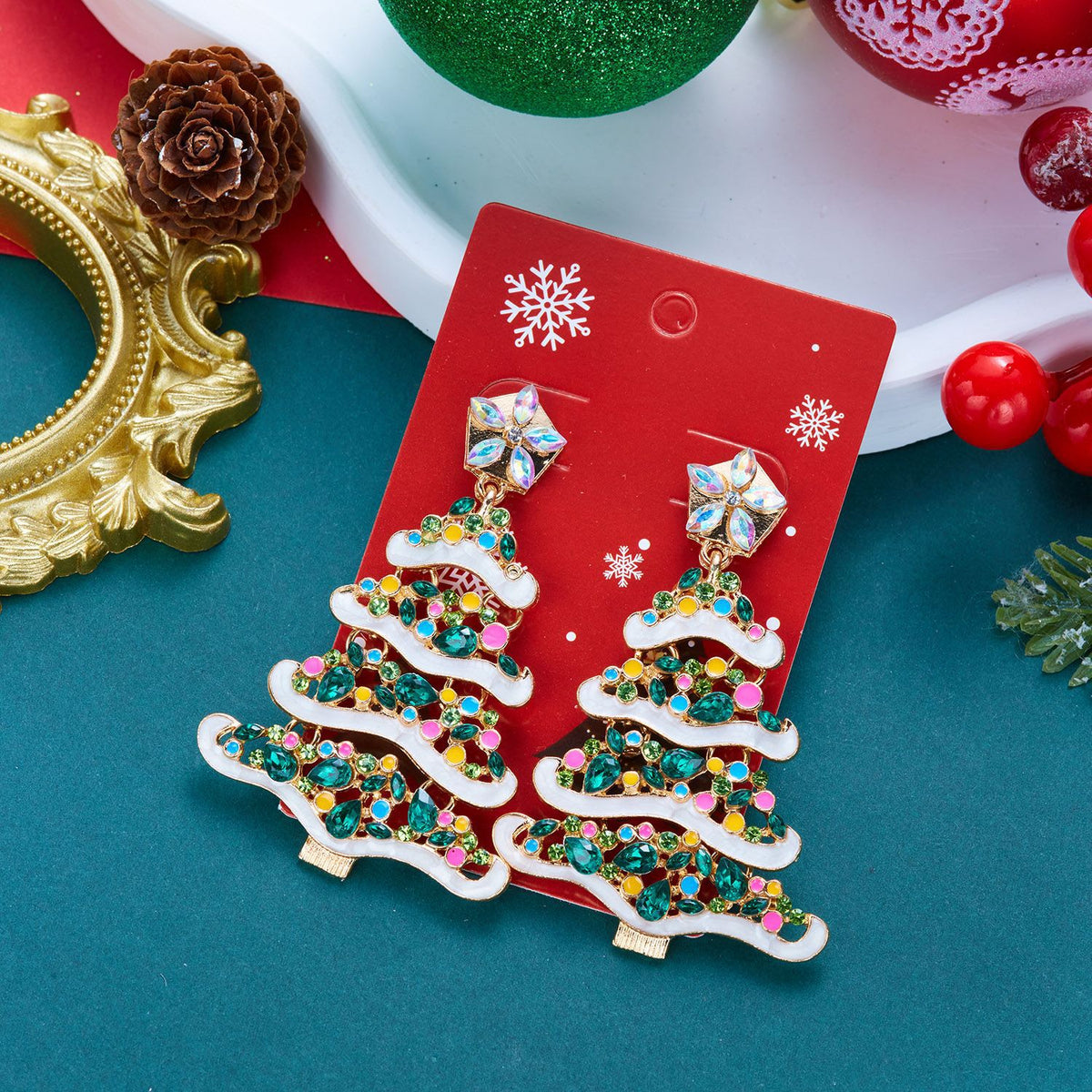 Glittery Pearl Christmas Tree Earrings