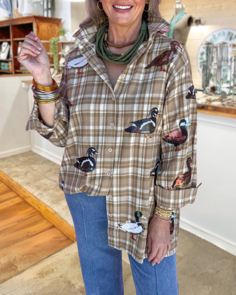 Casual Duck Sequined Plaid Shirt