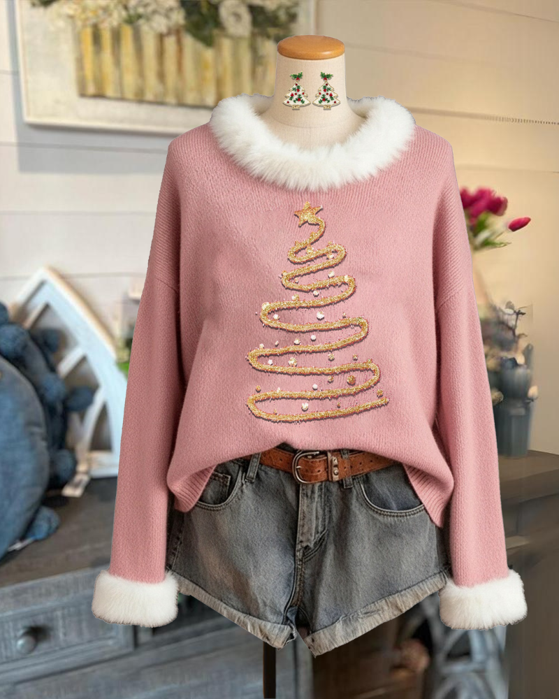 Christmas Tree Print Fur Collar Sweater
