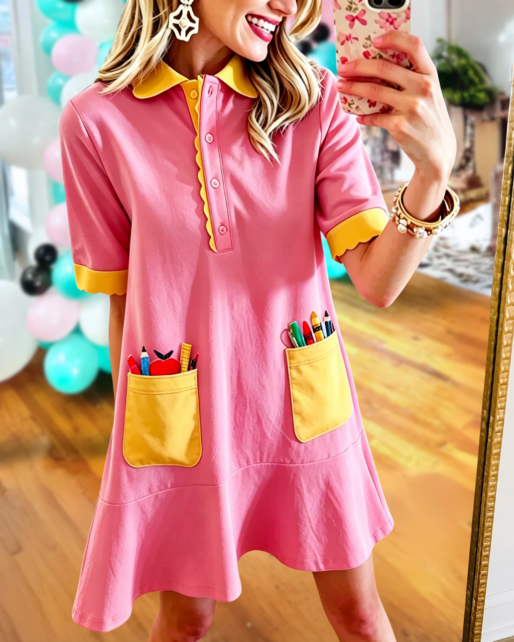 School Supplies Embroidered Colorblocked Dress