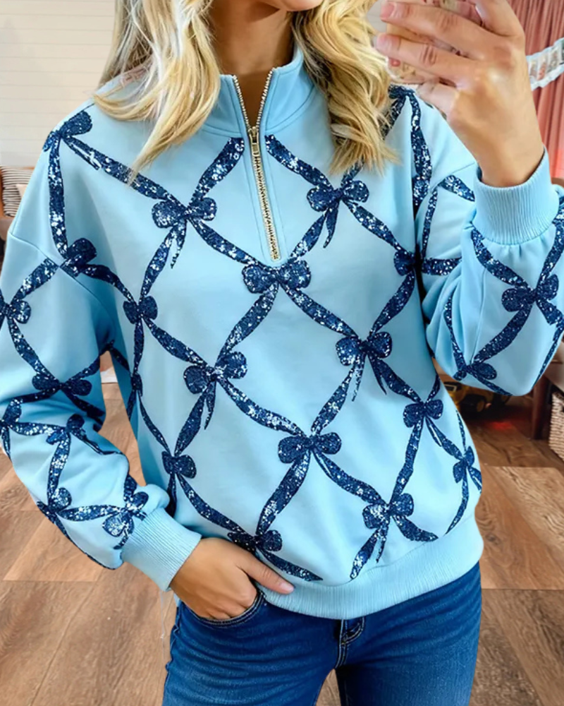 Bow Plaid Print Half-zip Pullover