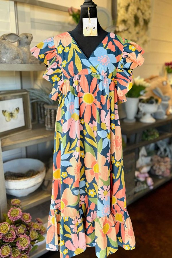 Floral Ruffle Tie Back Midi Dress