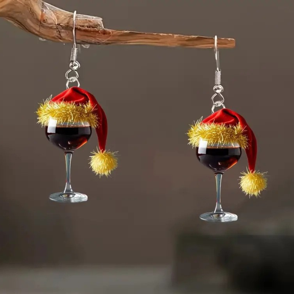 Wine Glass Santa Hat Earrings