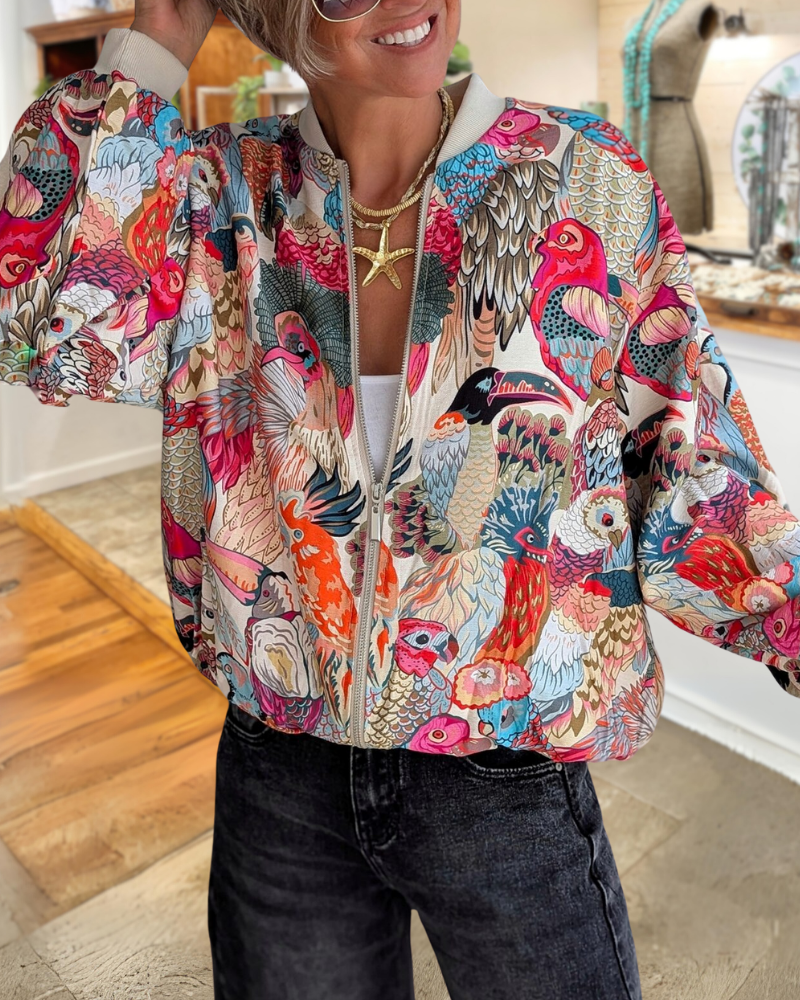 Stylish Colorful Bird Zip-Up Jacket