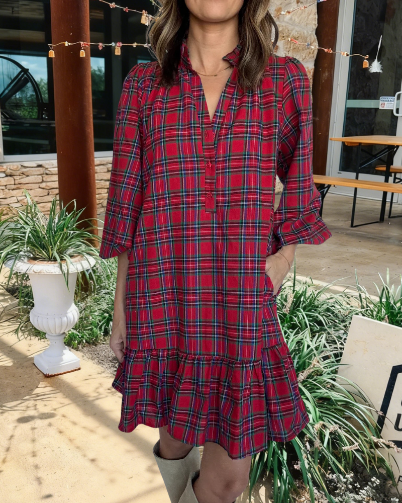 Ruffled V-Neck Half-Button Mini Dress