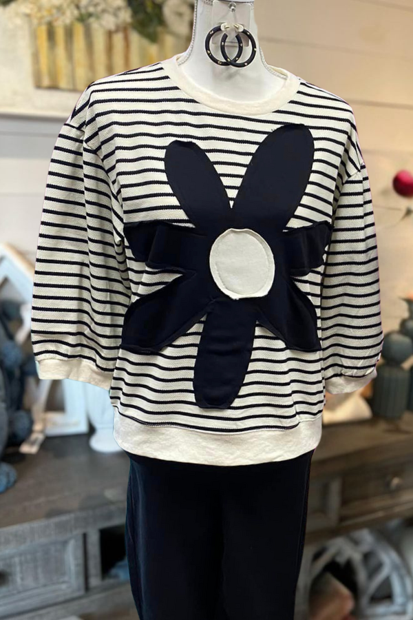 Striped Stitched Floral 3/4 Sleeve Sweatshirt