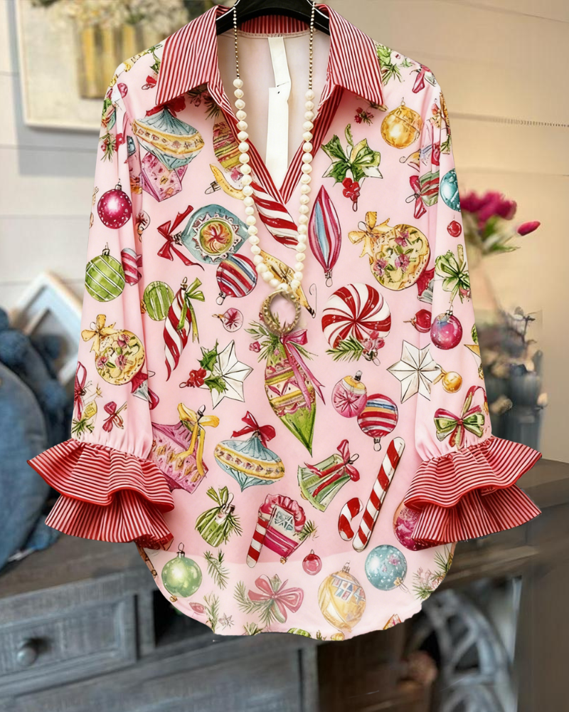 Christmas Themed Gift Striped Trim Top