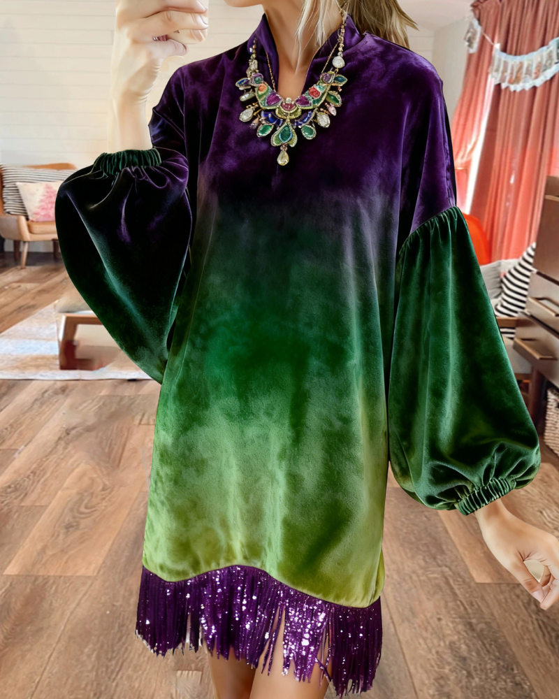 Stylish Gradient Velvet Tassel Dress
