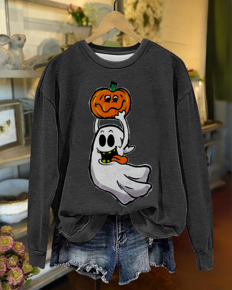 Playful Pumpkin Ghost Print Sweatshirt